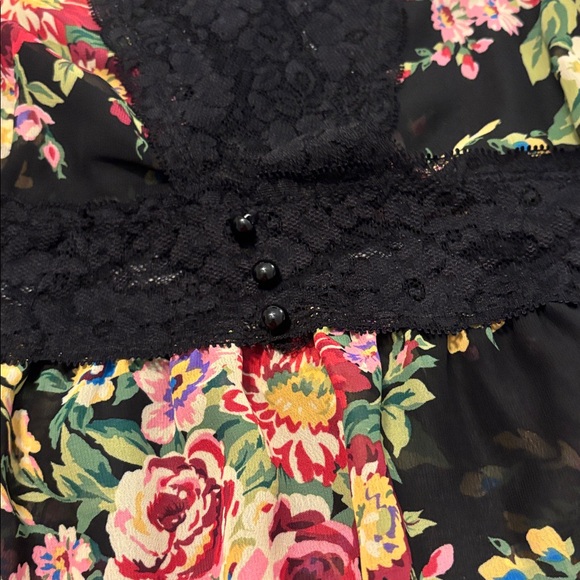 NY Collection Black dark Floral sheer Lace Blouse top SZ XL side zip boho v neck - Picture 10 of 12